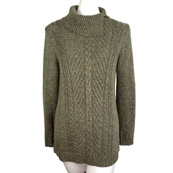 Talbots Sweater Top Green Ribbed Cable Knit Split Mock Neck Cotton Sz S - Picture 1 of 9